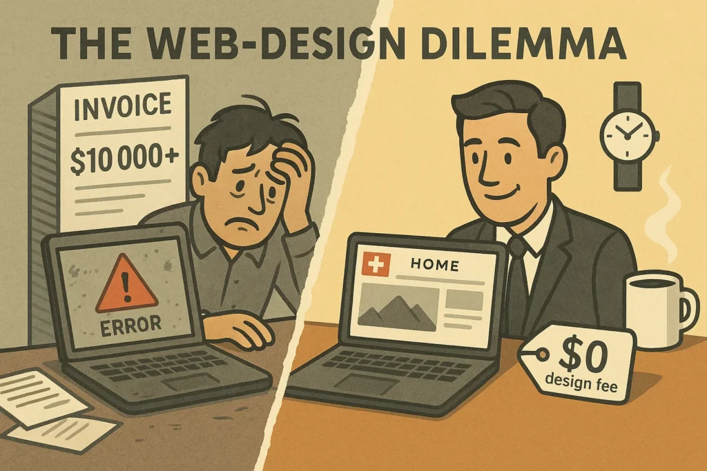 Split image showing overpriced agency invoice and glitchy bargain website on the left versus a sleek, affordable Swiss-designed site on the right—highlighting the choice between cost and quality.