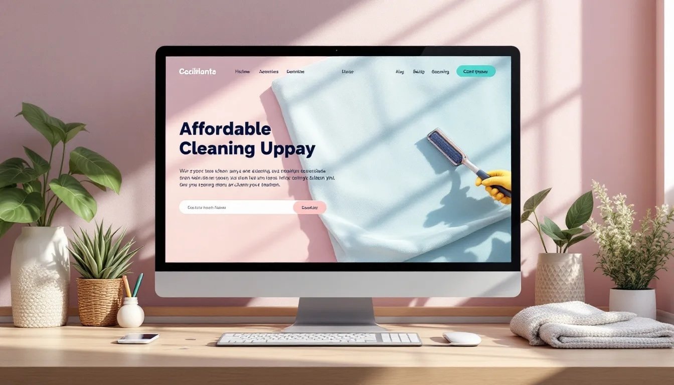 Affordable cleaning company website design example showing professional homepage layout with booking form, customer testimonials, before and after gallery, and mobile responsive design on laptop and phone screens