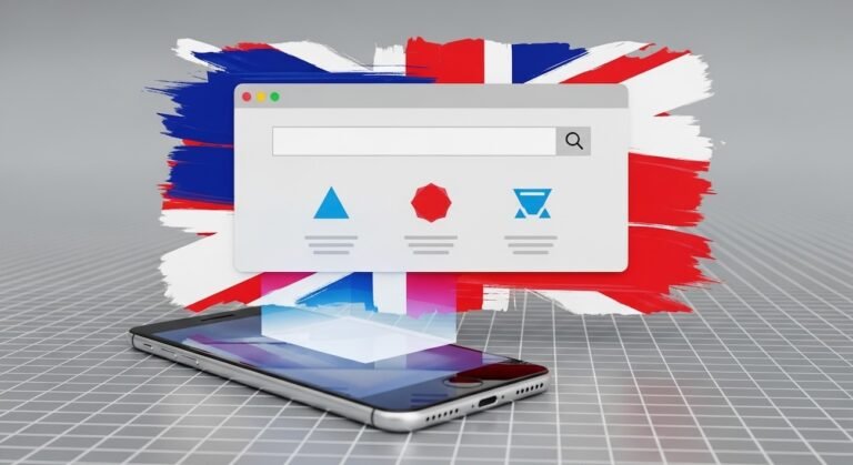 Illustration of affordable UK web design trends for 2025 featuring mobile, minimalism, and British design elements