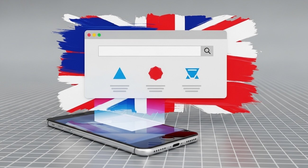 Illustration of affordable UK web design trends for 2025 featuring mobile, minimalism, and British design elements
