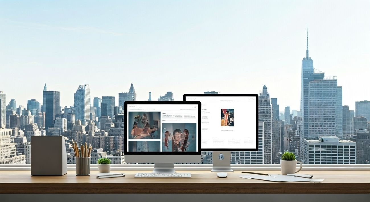 A sleek, modern workspace with a NYC city skyline visible through large windows, featuring a web designer working on a dual-monitor setup showing a vibrant, responsive website design with interactive elements and bold typography.