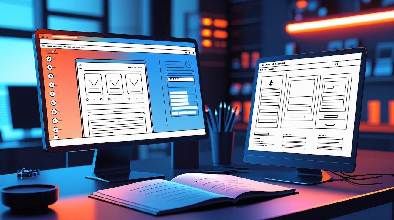 Affordable web design for small businesses showing AI WordPress dashboard and Hostinger hosting panel on a modern workspace