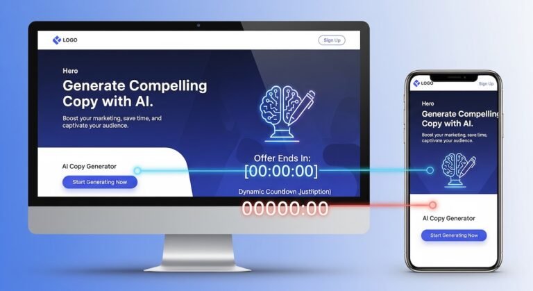 Split-screen landing page wireframe with annotated hotspots for AI copy, countdown timer, testimonials, and progressive form fields