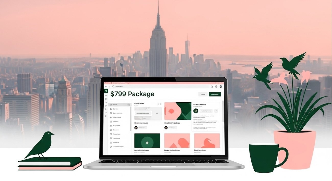 Best WordPress Agency NYC laptop showing $799 site package on WordPress dashboard