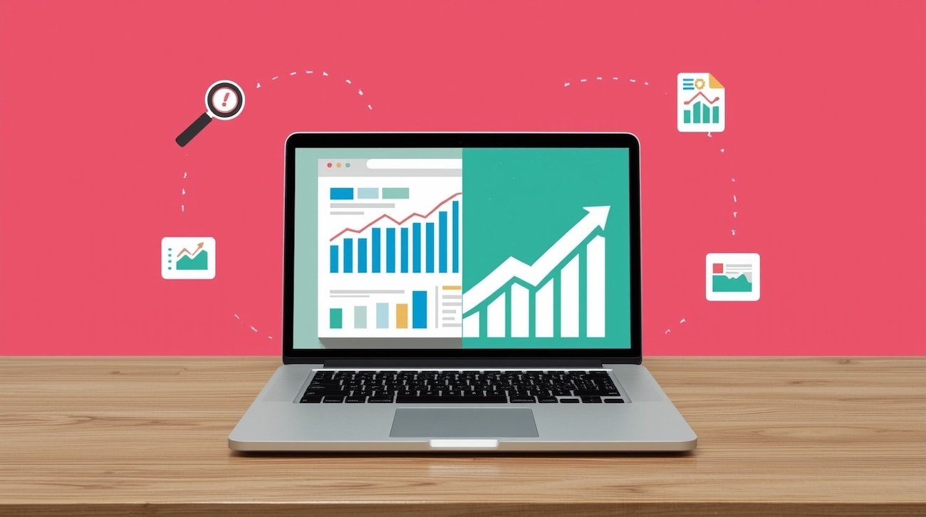 SEO audit dashboard on a laptop showing before-and-after traffic improvements with analytics graphs and SEO tool icons.