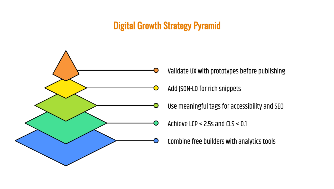 Infographic with insider tips for maximum digital impact: tool integration with Google Analytics, HubSpot, Mailchimp; Core Web Vitals optimization; semantic HTML; structured data with JSON-LD; and prototyping best practices.