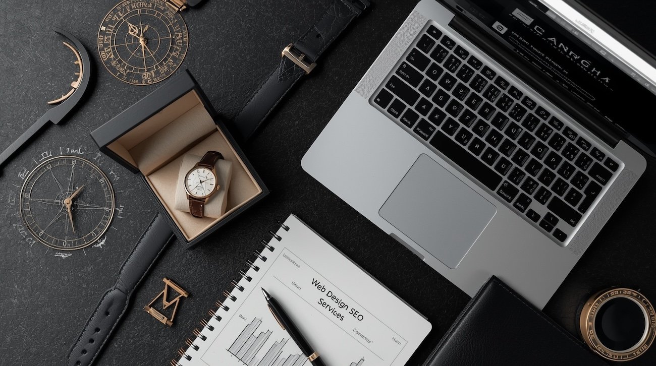 Luxury watch in box beside laptop showing web design and seo services analytics