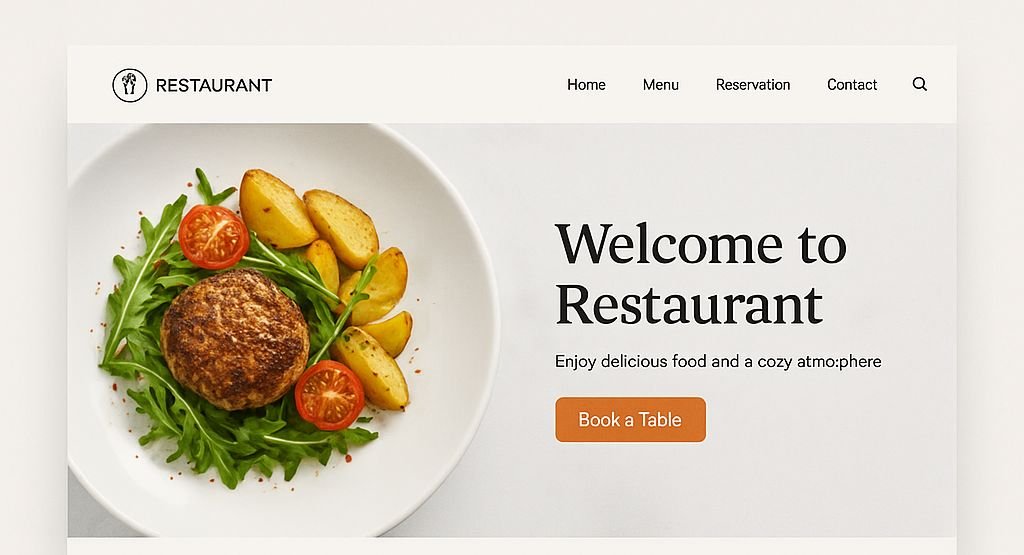 Clean modern restaurant website landing page layout showcasing an online menu, reservation system, and food photography.