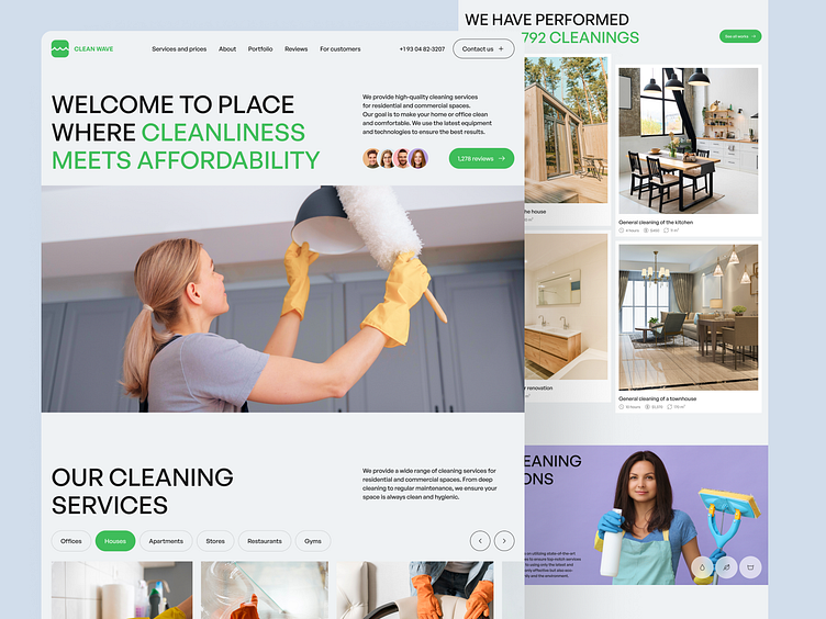 picture of Modern cleaning company website homepage featuring affordable and high-quality cleaning services with portfolio and review