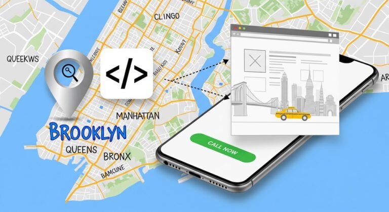 Map of NYC neighborhoods with SEO icons and mobile web design wireframe
