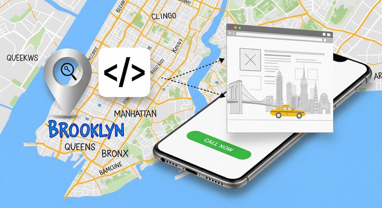Map of NYC neighborhoods with SEO icons and mobile web design wireframe