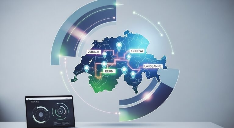 Futuristic holographic map of Switzerland showcasing Web Design in Switzerland 10 Top Web Agencies with glowing digital pinpoints