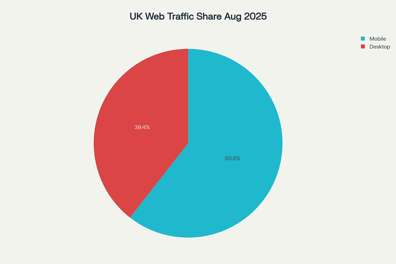Pie chart illustrating mobile (60.57%) vs desktop (39.43%) web traffic share in the UK (Aug 2025), highlighting the importance of mobile-first design for affordable UK web design trends.