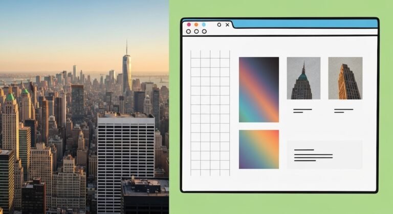Split-screen showing New York skyline at sunset and an architecture inspired web design mockup