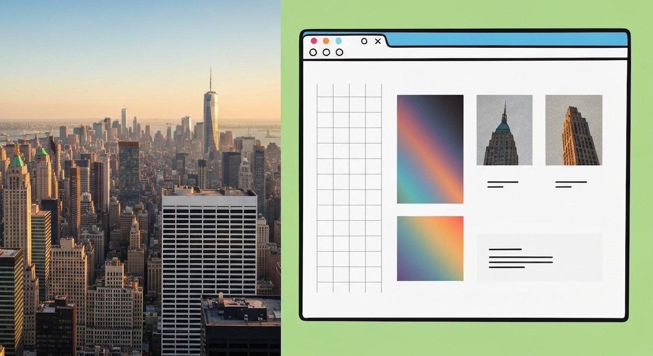 Split-screen showing New York skyline at sunset and an architecture inspired web design mockup