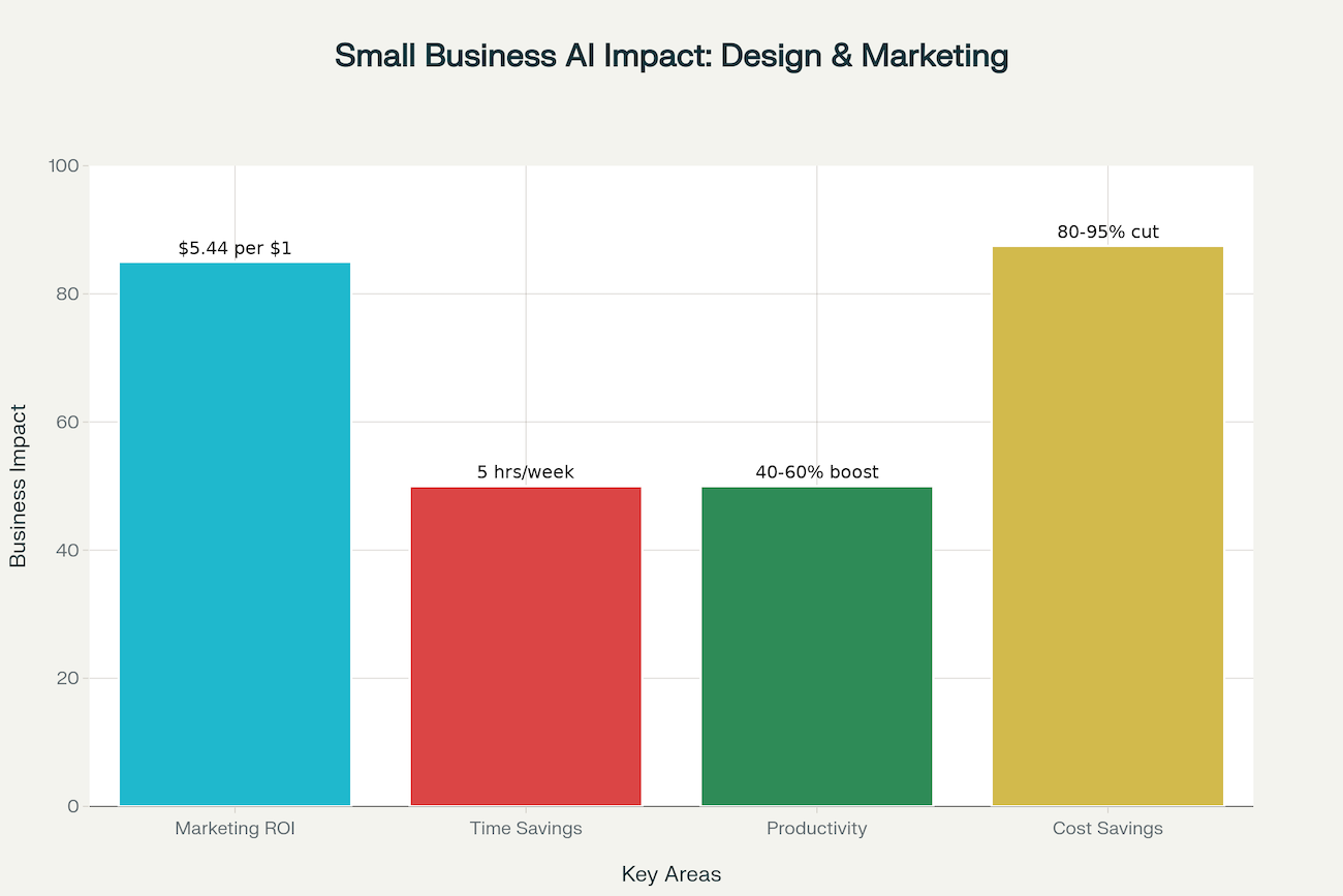 AI graphic design ROI metrics showing marketing returns, time savings, productivity gains, and cost reductions for small business owners