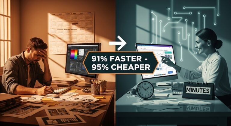 Split-screen comparison showing small business owner using AI graphic design tools on left side finishing design in minutes versus traditional graphic designer on right side taking weeks to complete same project