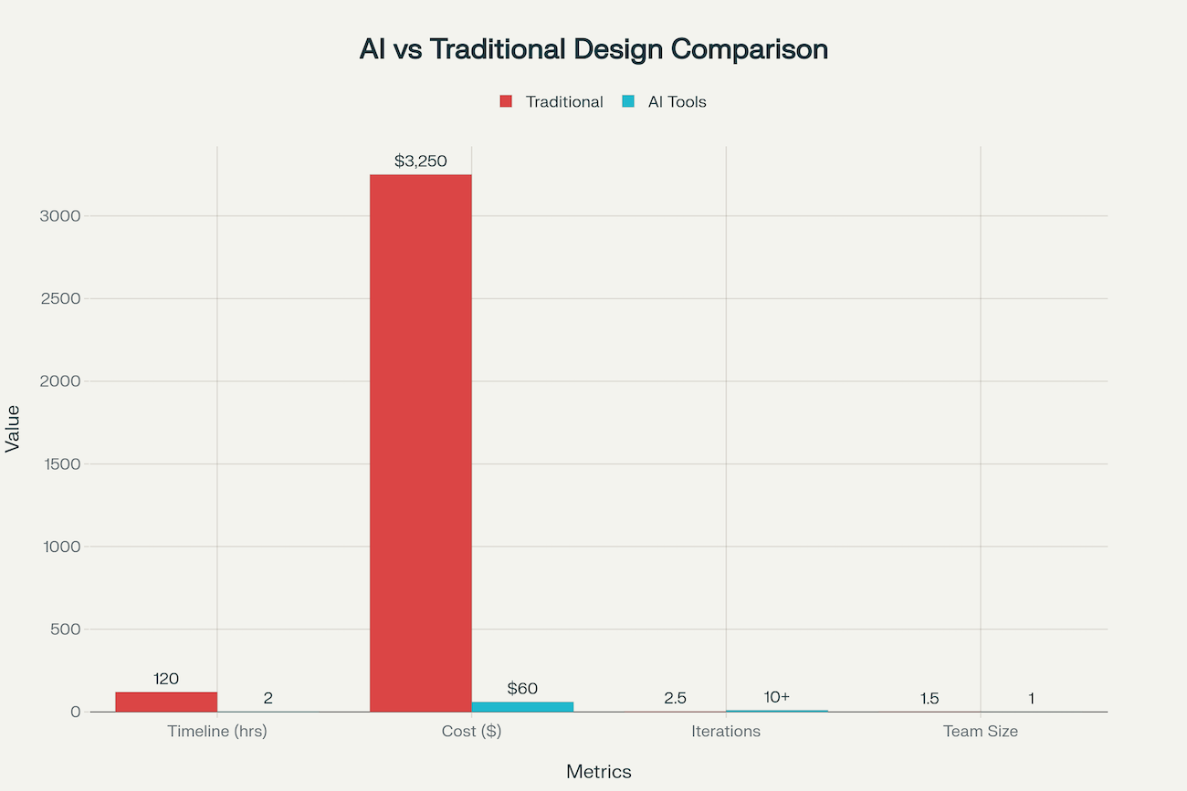AI graphic design vs traditional methods showing time savings, cost reduction, and accessibility advantages for small businesses