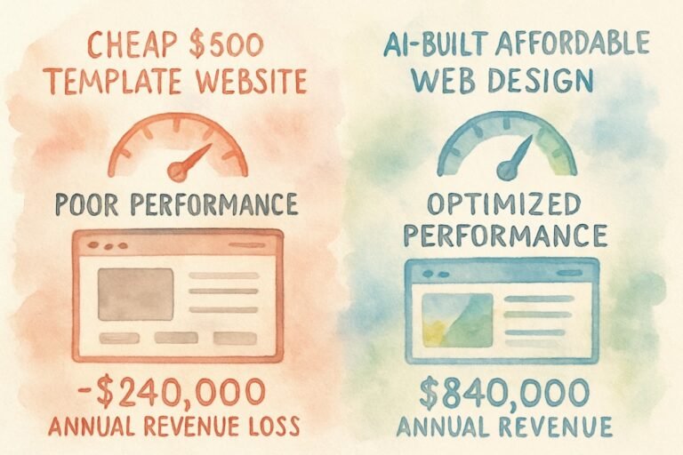 $500 cheap website loses $5,000 revenue annually vs $399 AI-built affordable web design generates $840K revenue. Visual comparison of template vs custom website performance.