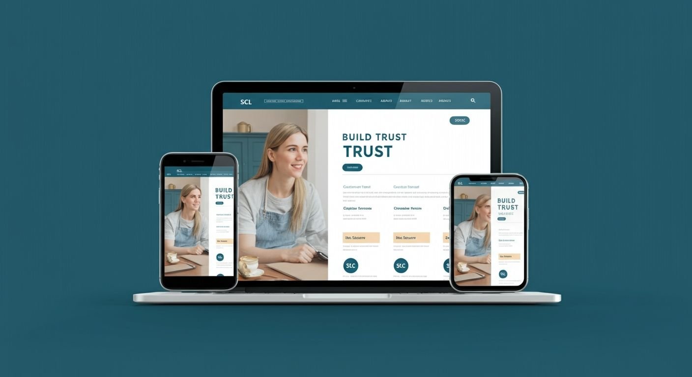 Build trust website design mockup featuring SSL certificate, customer testimonials, security badges, and responsive layout across desktop and mobile devices demonstrating professional credibility elements