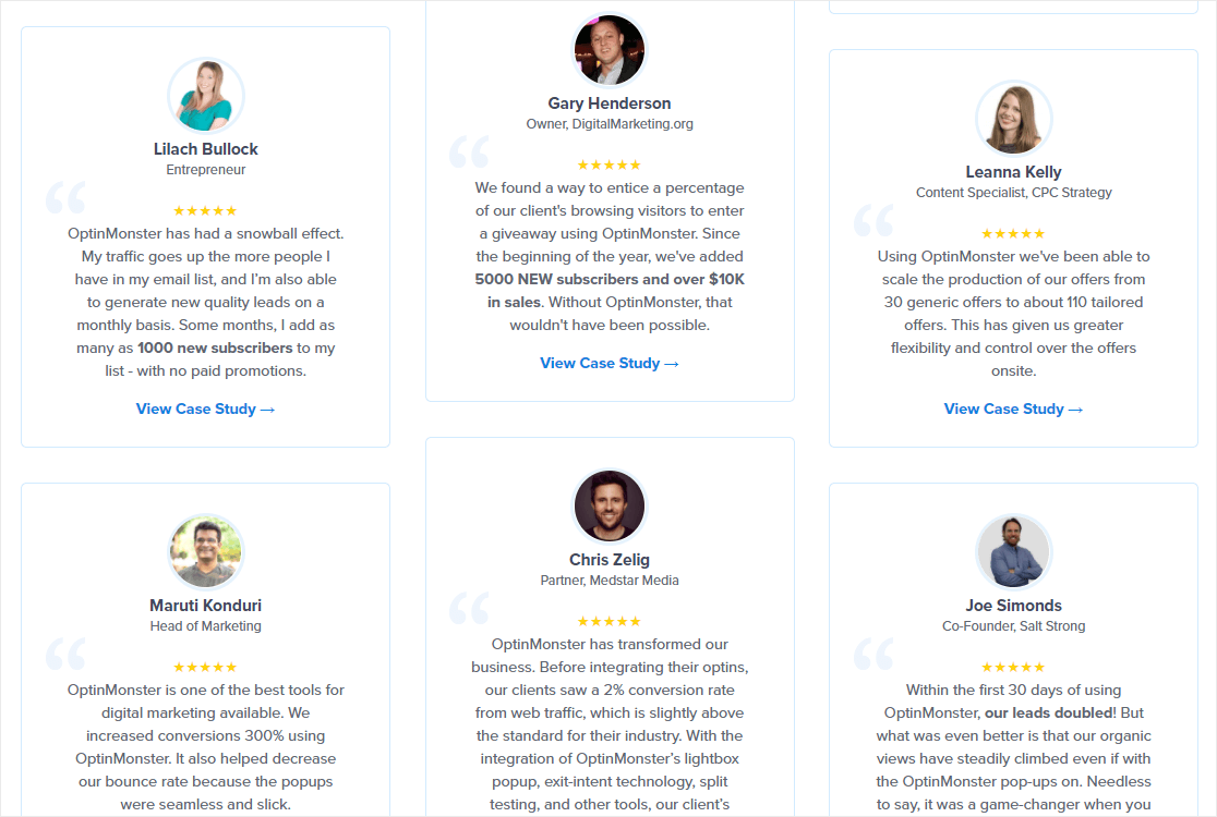 Grid layout of customer testimonials featuring profile photos, 5-star ratings, and detailed reviews praising OptinMonster's effectiveness for increasing email subscribers and conversions. Each testimonial includes the reviewer's name, role, and company.