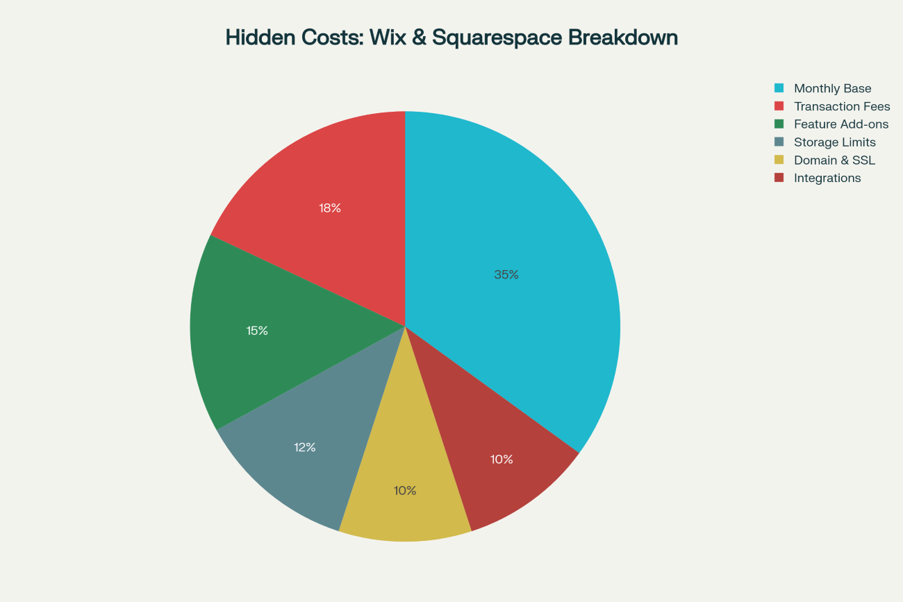 Pie chart breaking down hidden annual costs of website builders including 35% base monthly subscription, 18% transaction fees, 15% advanced features, 10% domain/SSL, 12% extra storage, and 10% premium integrations. Shows how base subscription is only part of total spending.