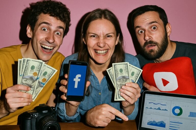 How to make money on Facebook: entrepreneurs monitoring analytics dashboard, Reels monetization, and earnings on laptop and smartphone screens