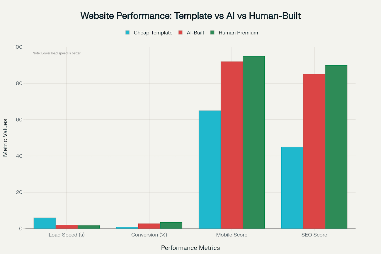 Revenue growth over 3 years: cheap template websites lose $5,000-$10,000 annually while AI-built websites generate $20,000-$75,000+
