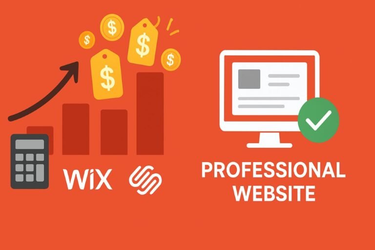 Infographic showing hidden costs of Wix and Squarespace website builders compared to professional web design for small businesses, with escalating price symbols and upward trending costs versus stable professional website pricing.