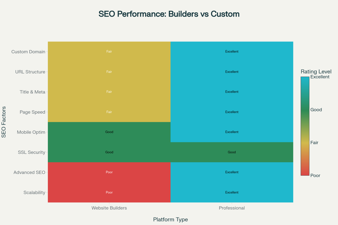 Comparison table of SEO capabilities between Wix/Squarespace website builders and professional custom websites. Evaluates 8 factors: domain control, URL structure, title tag customization, page speed, mobile optimization, SSL security, advanced SEO features, and scalability. Shows website builders as Fair or Poor while professional sites rate as Excellent across all factors.