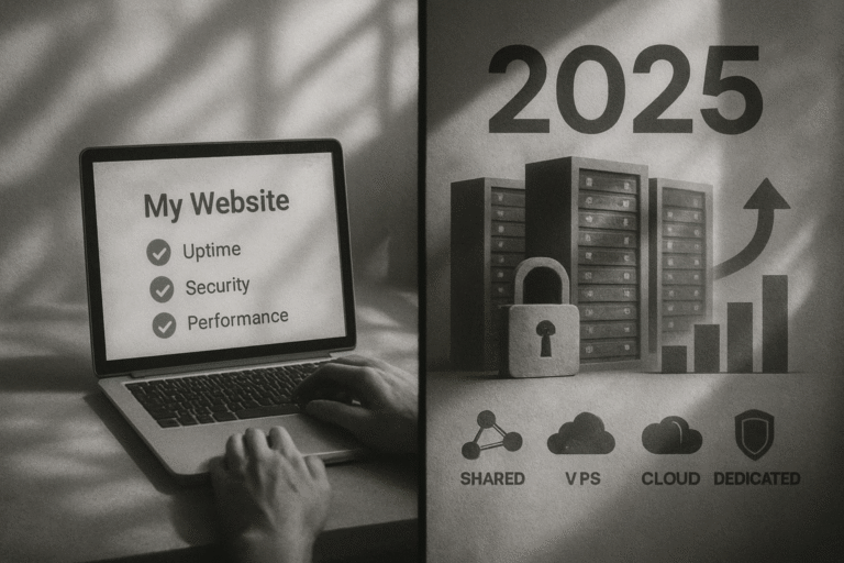 Small business owner comparing web hosting solutions in 2025 showing fast website performance, security features, and server infrastructure for optimal uptime