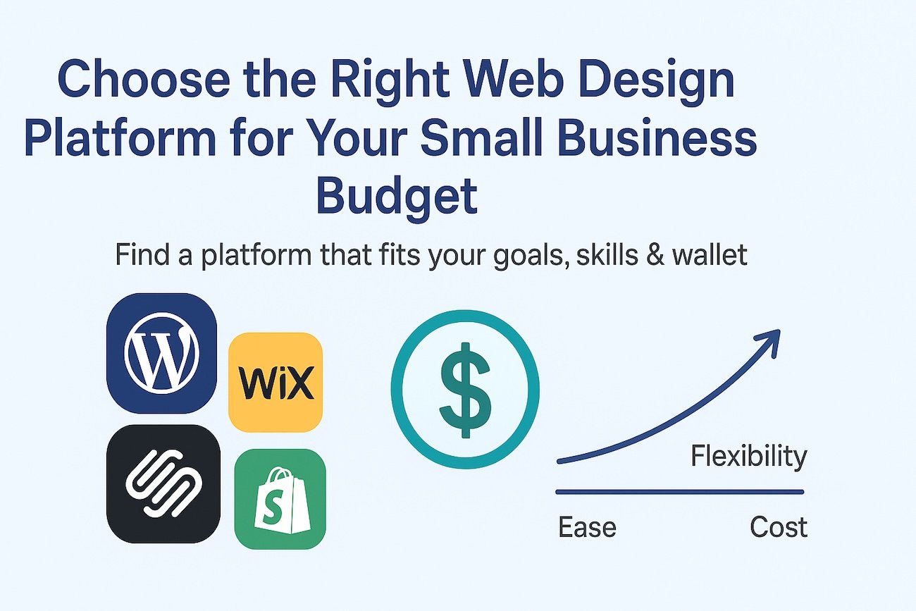 Web design platform decision flowchart helping small business owners choose between WordPress, Wix, Squarespace, and custom builds based on budget and requirements
