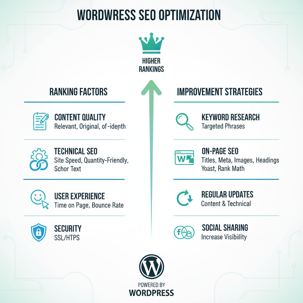 WordPress SEO optimization infographic showing 10 proven strategies including keyword research, site speed, mobile optimization, schema markup, and internal linking for improving search rankings