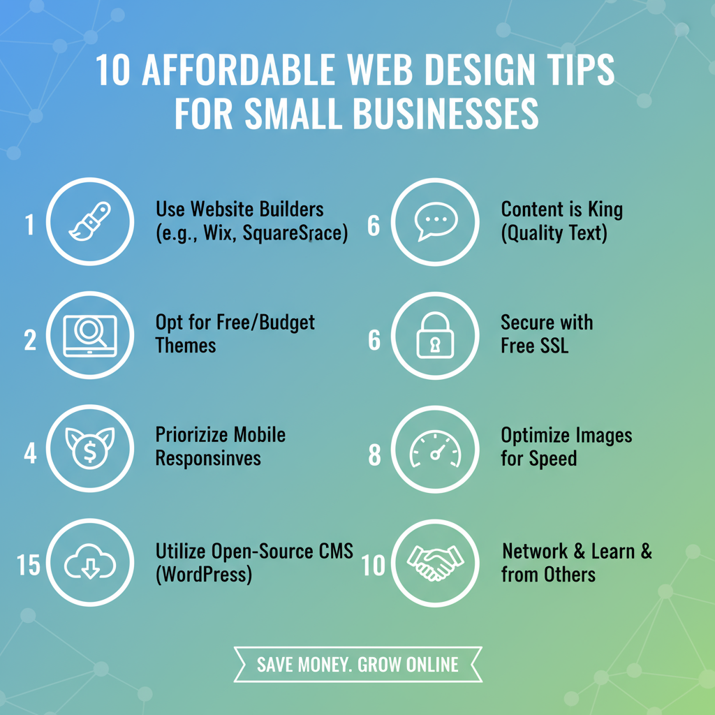10 affordable web design tips for small businesses including mobile optimization, minimalist design, free stock images, and cost-effective hosting strategies