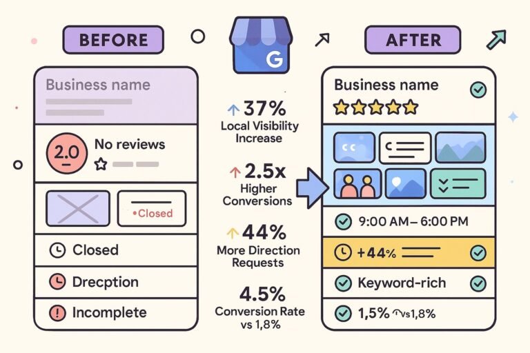 Before and after comparison infographic of Google My Business optimization showing neglected incomplete profile on left versus fully optimized high-performing profile on right, with visual indicators displaying 37% local visibility increase, 2.5x higher conversions, 44% more direction requests, 4.5% conversion rate improvement, complete business information, professional photos, 4.8-star rating, and customer reviews