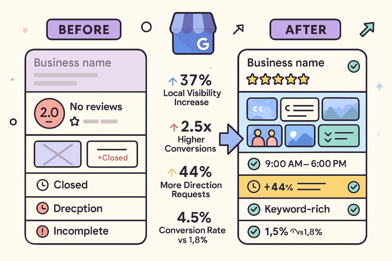 Before and after comparison infographic of Google My Business optimization showing neglected incomplete profile on left versus fully optimized high-performing profile on right, with visual indicators displaying 37% local visibility increase, 2.5x higher conversions, 44% more direction requests, 4.5% conversion rate improvement, complete business information, professional photos, 4.8-star rating, and customer reviews