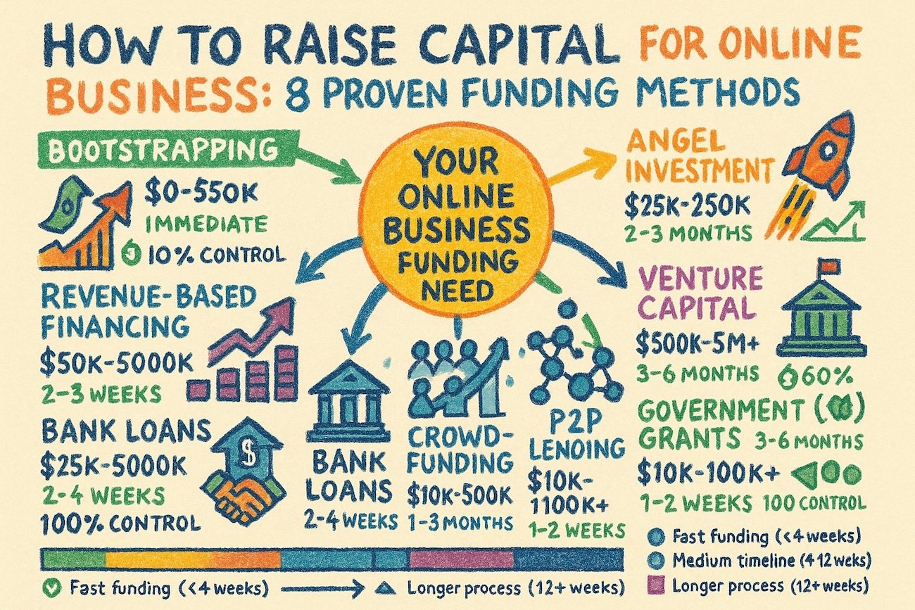 Comprehensive infographic comparing 8 ways to raise capital for online business: bootstrapping ($0-50K immediate), angel investment ($25-250K in 2-3 months with 80% control), venture capital ($500K-5M+ in 3-6 months), crowdfunding ($10-500K in 1-3 months), bank loans ($25-500K in 2-4 weeks with 100% control), revenue-based financing ($50-500K in 2-3 weeks with 90% control), government grants ($50K-1.5M+ in 3-6 months with 100% control), and peer-to-peer lending ($10-100K+ in 1-2 weeks with 100% control). Includes funding timelines, capital ranges, ownership retention percentages, and color-coded decision framework for selecting appropriate funding method for online business needs."