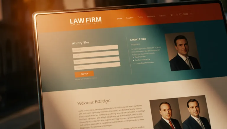 Modern law firm website interface displaying homepage with attorney bios, contact form, and service navigation menu