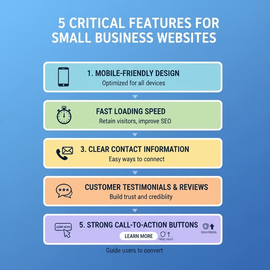 Infographic displaying the 5 essential features every small business website requires: (1) Mobile-friendly responsive design with smartphone compatibility, (2) Fast loading speed under 3 seconds with performance optimization, (3) Clear contact information including phone number, email, and contact form for easy customer access, (4) Customer reviews and testimonials showcasing social proof and business credibility, and (5) Strong call-to-action buttons guiding visitors to schedule consultations, make calls, or complete purchases. Includes trust icons, conversion symbols, and performance indicators for each feature