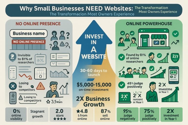 Before and after comparison showing small business without website (invisible, no revenue, low trust, stagnant growth) versus with professional website (visible to 81% of customers, 2X faster growth, 4.8 star rating, booking calendar full). Transformation includes 30-60 day timeline and $5K-15K investment with 2X Year 1 ROI.