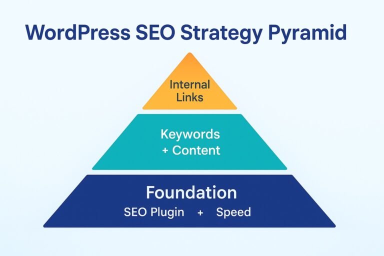 WordPress SEO strategy pyramid infographic showing foundation of SEO plugins and site speed, middle layer of keyword research and content depth, and top layer of internal linking and schema markup