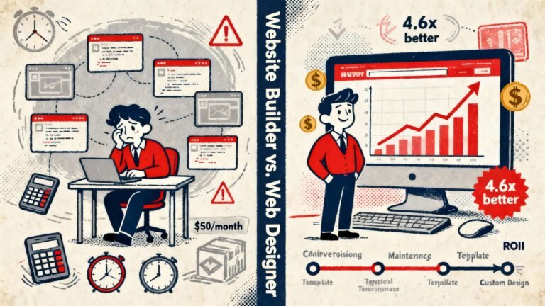 Comparison infographic showing DIY website builder challenges versus professional web designer benefits, including conversion rates, time investment, and ROI for small businesses