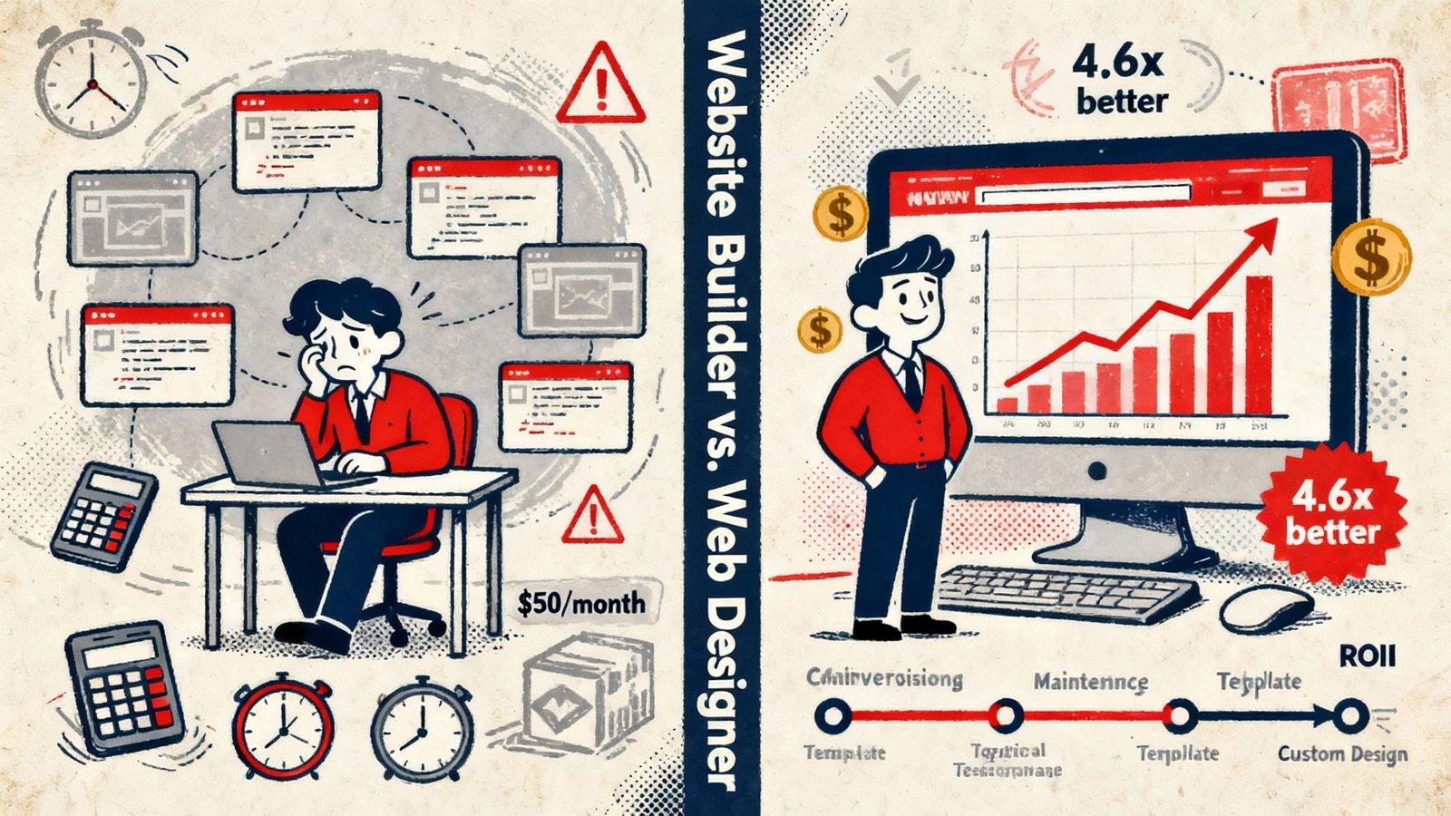 Comparison infographic showing DIY website builder challenges versus professional web designer benefits, including conversion rates, time investment, and ROI for small businesses