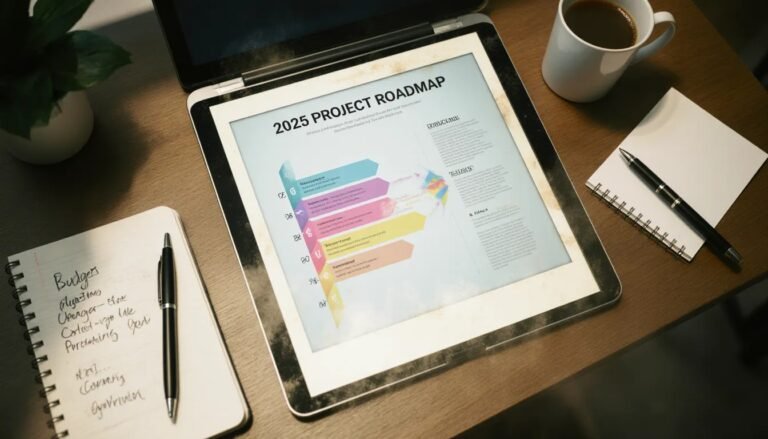 A modern digital agency workspace with a laptop displaying a strategic breakdown of website design cost UK for 2025, showing the comparison between budget and enterprise pricing tiers.