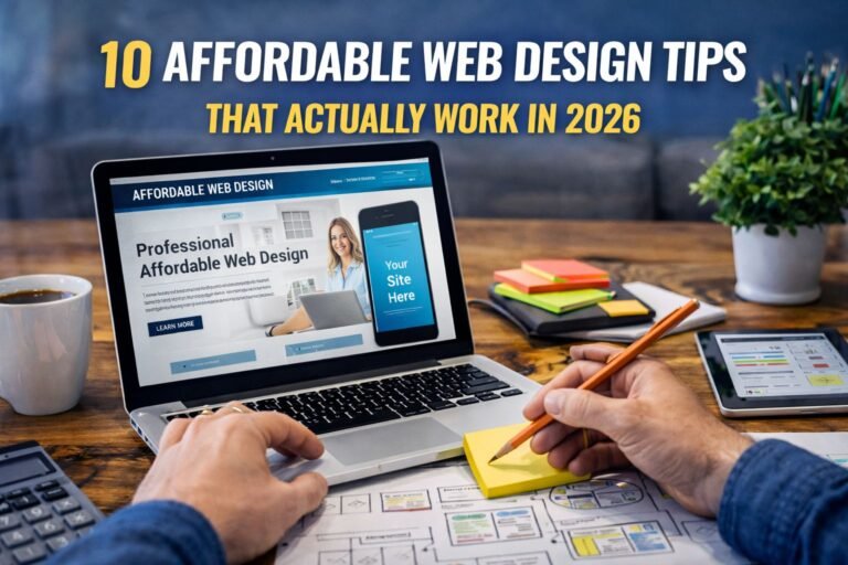10 affordable web design tips workspace with laptop website mockup wireframes and UI planning process
