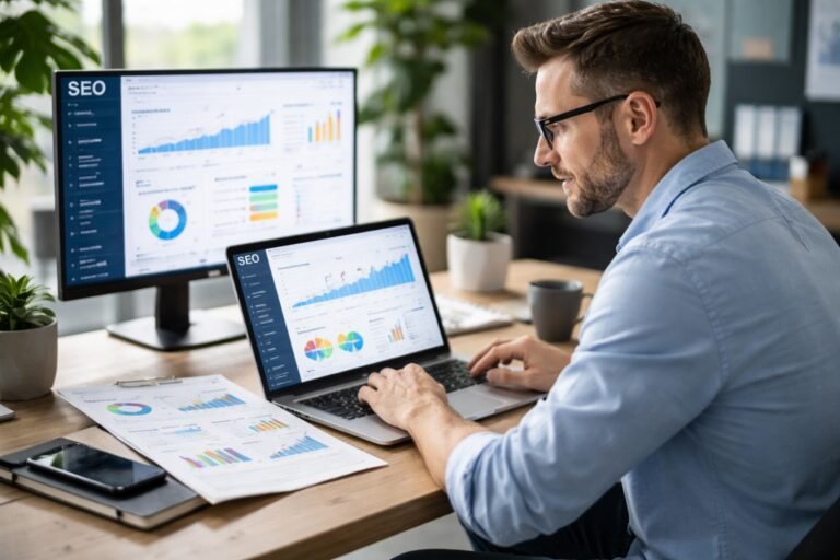 SEO consultant analyzing keyword performance charts for business growth