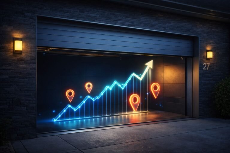A modern garage door opening to reveal an upward-trending financial graph and glowing map pins, representing a highly successful local SEO case study and massive revenue growth for a home service business.