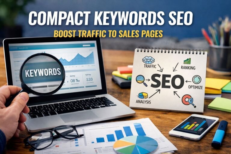 compact keywords seo strategy to drive traffic to sales pages with analytics dashboard and keyword research workspace