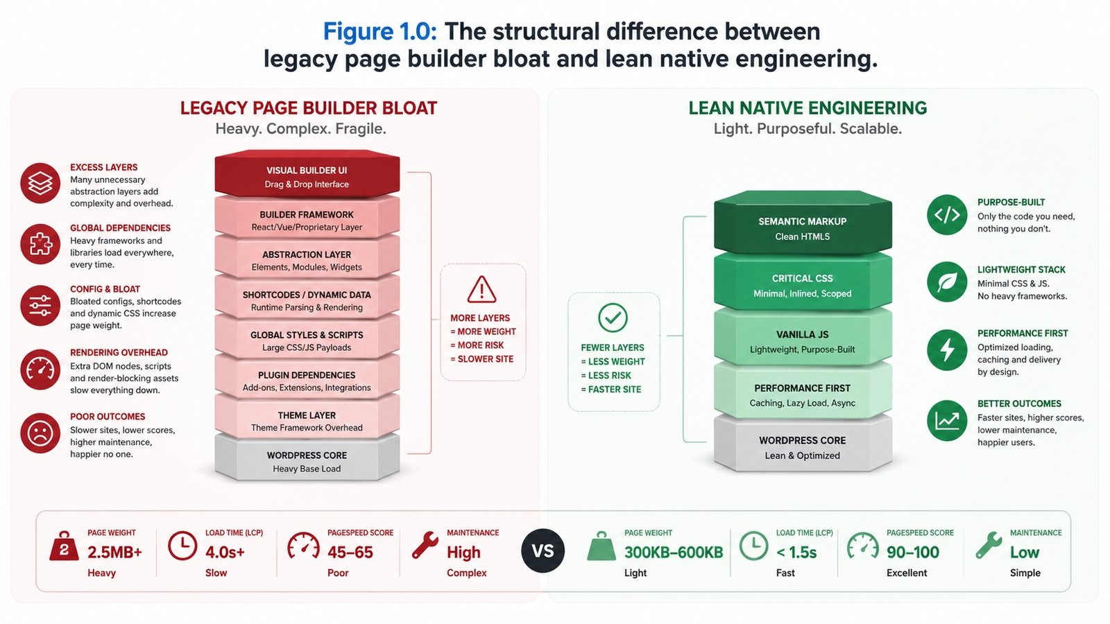 A highly technical diagram showing the difference between bloated, nested div architecture from legacy page builders versus a clean, native HTML5 block architecture.