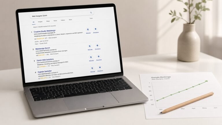 Small business SEO checklist results — laptop showing top search ranking beside an upward-trending chart on paper